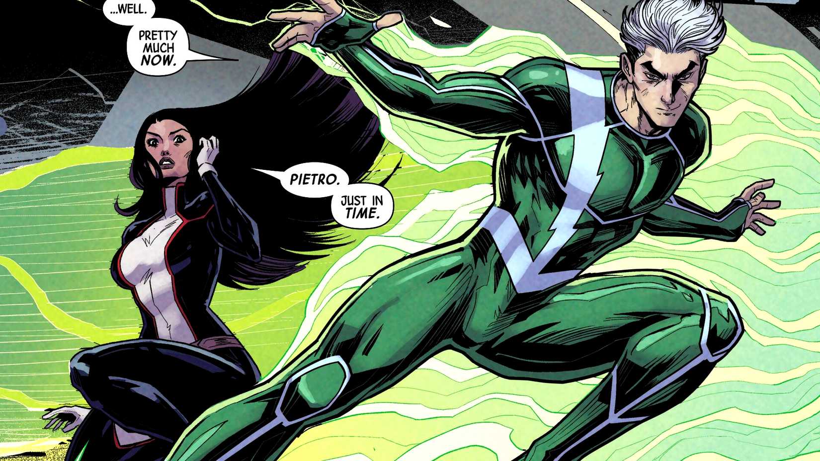 quicksilver runs in to save monet and the uncanny x-men