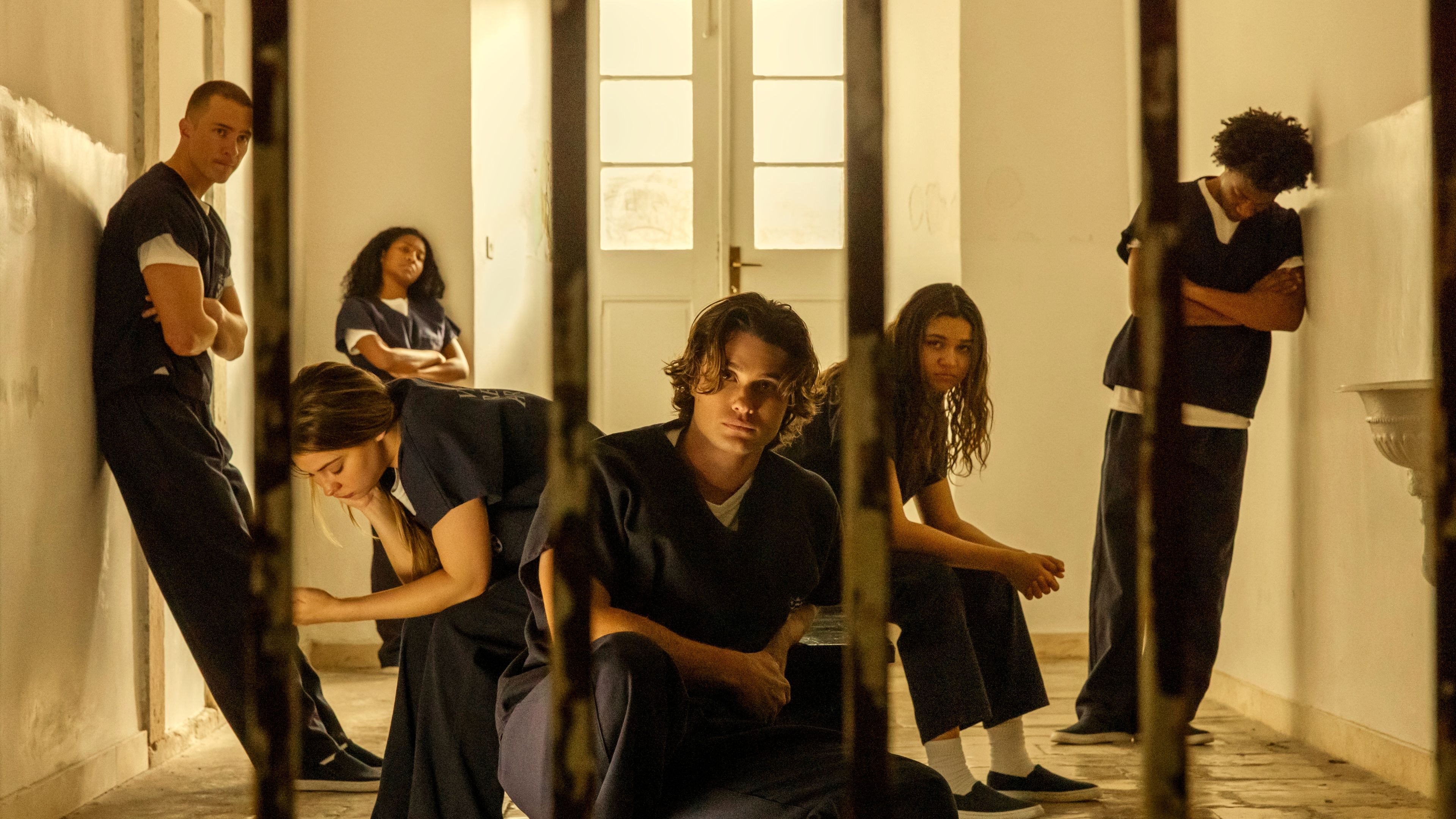 Rafe, Cleo, Sarah, John B, Kiara, and Pope in jail in Outer Banks season 5