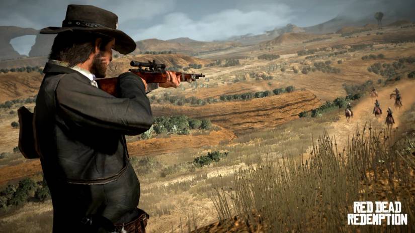 דמות Red Dead Redemption אוחזת ברובה קרקנו רואה