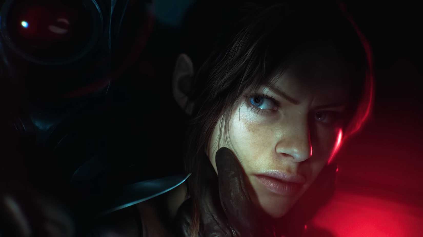 Claire Redfield looking stern while the hand of someone behind her wraps around her face in Resident Evil Veronica.