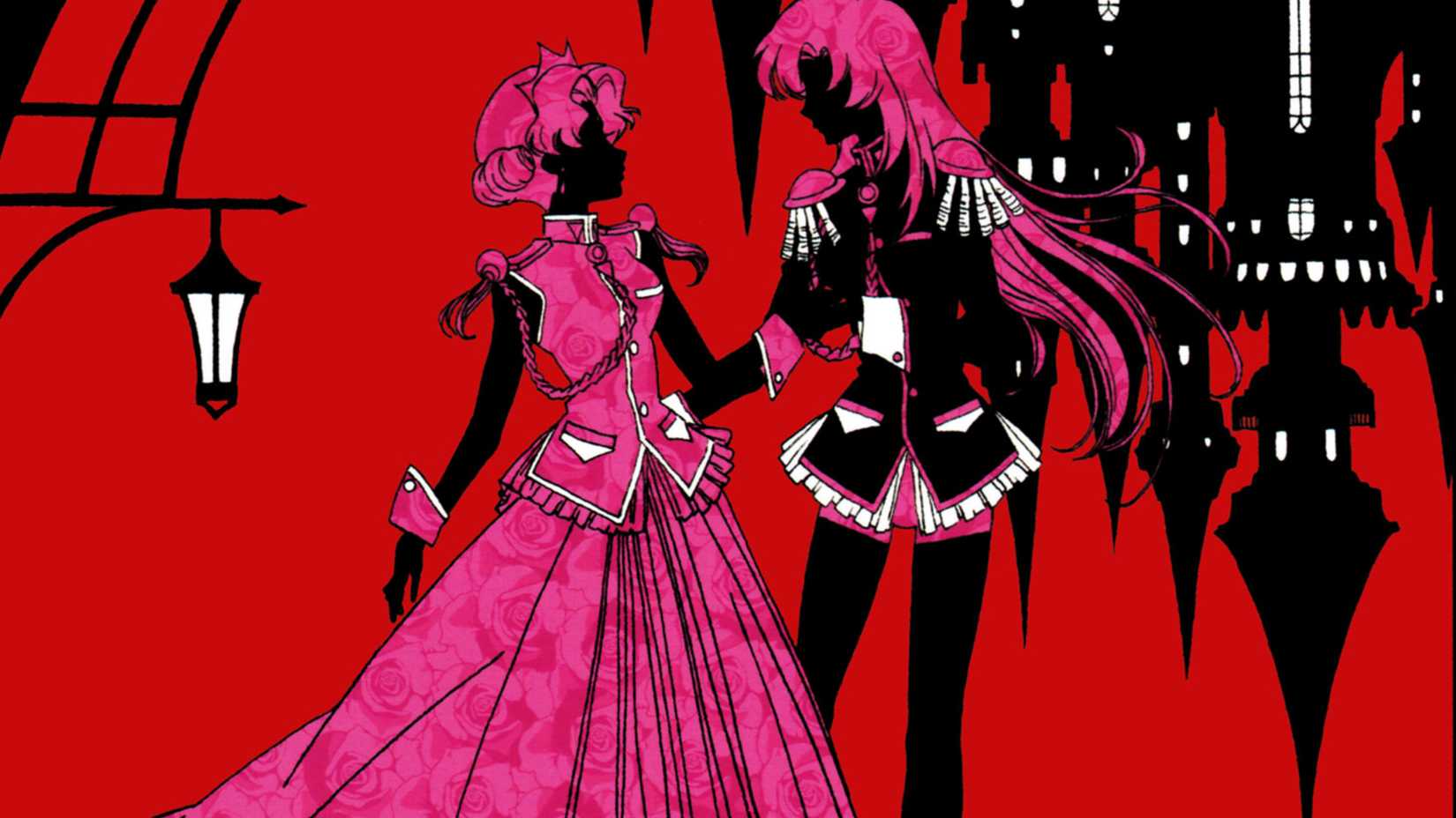 Utena and Anthy as silhouettes reaching out to each other, a red background and inverted castle behind them.