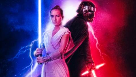 Rey (Daisy Ridley) and Kylo Ren holding lightsabers in Star Wars Episode IX - The Rise of Skywalker promotional art
