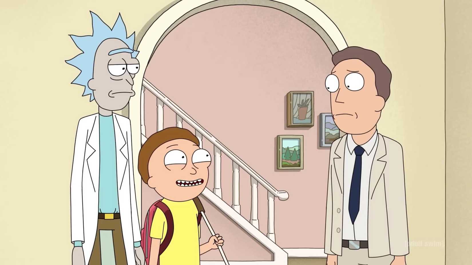 Rick and Morty speaking to Jerry in the Smith house's dining room