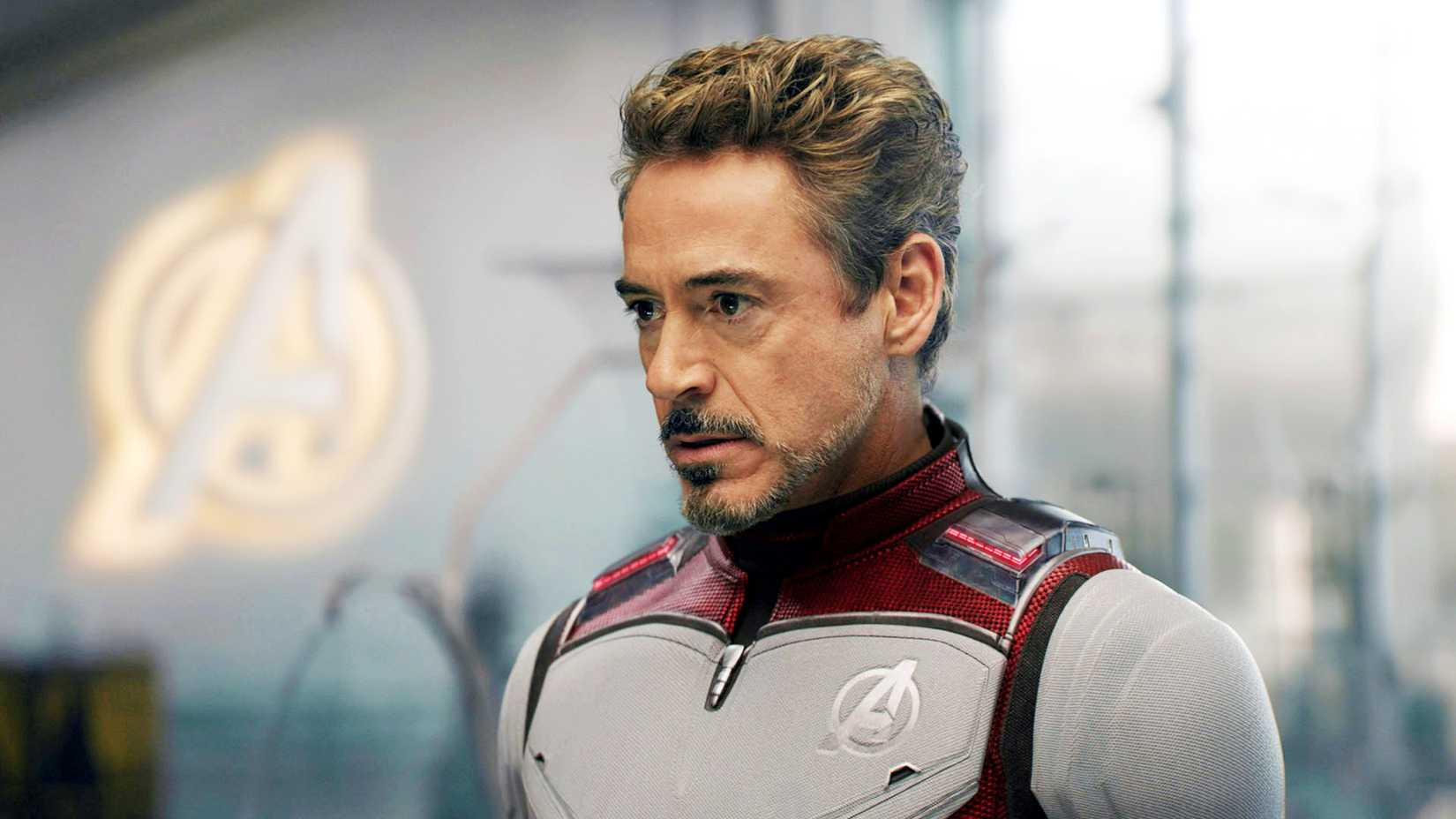 Robert Downey Jr as Tony Stark looking intense in Avengers Endgame