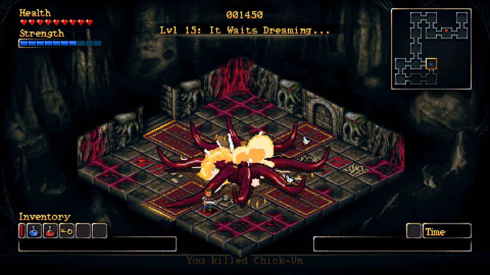 Roguecraft DX character in an isometric room with tentacles coming out of the floor
