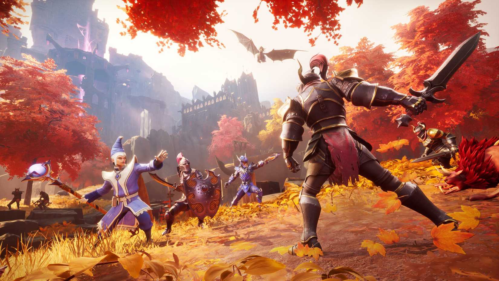 Players fighting a knight in black and gold armor in RuneScape Dragonwilds.