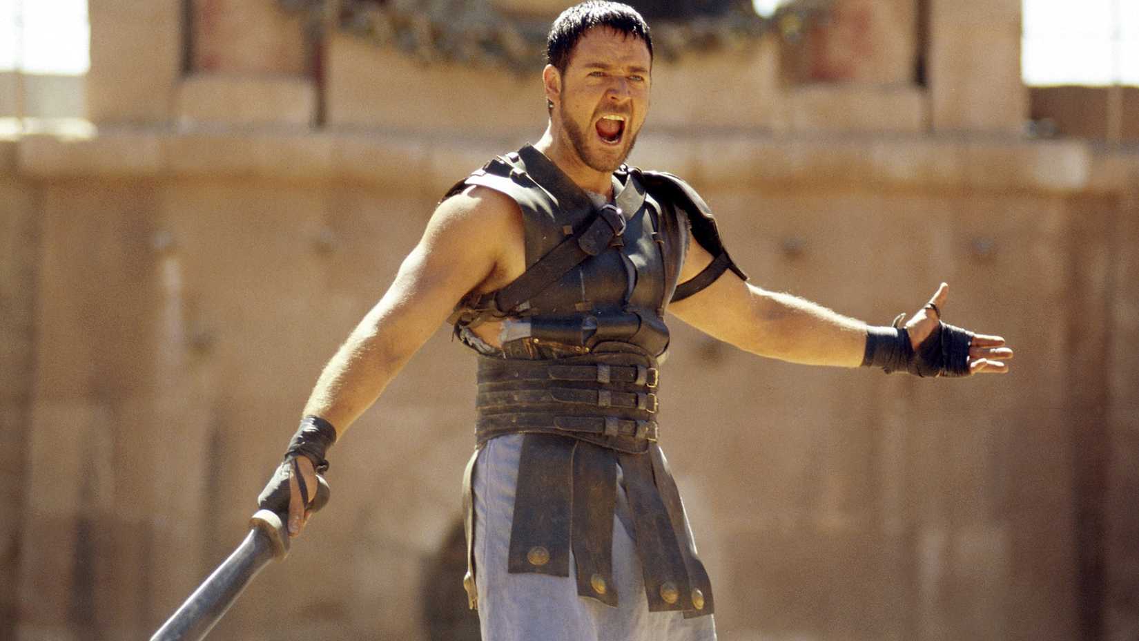 Russell Crowe as Maximus screaming in Gladiator