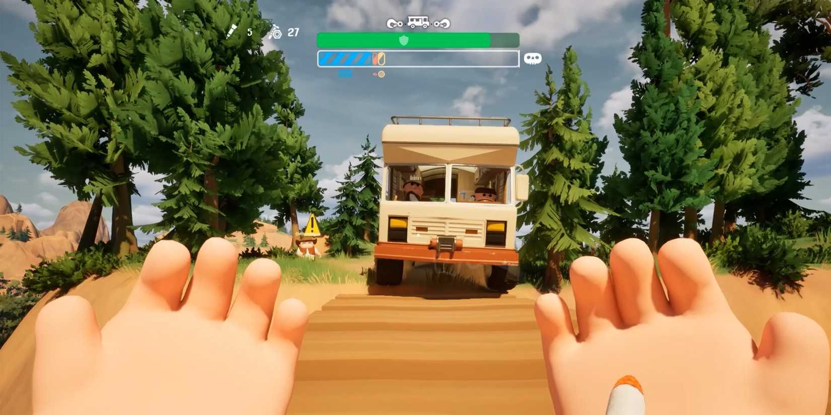 A character is guiding there friends in an RV across a bridge in RV There Yet.