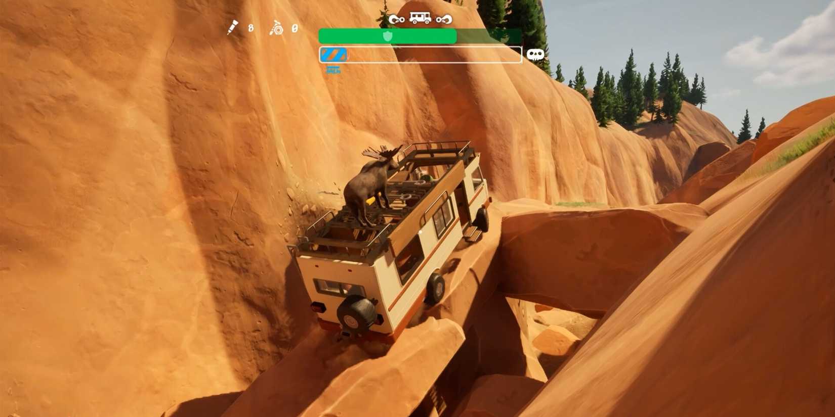 An RV climbs a mountainside with a moose on top of it in RV There Yet.