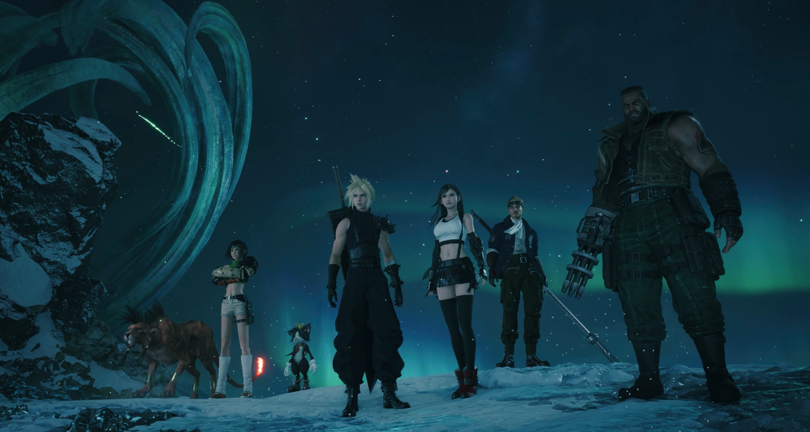 דמויות Final Fantasy 7 Revelation עומדות יחד עם זוהר בחושך מאחוריהן