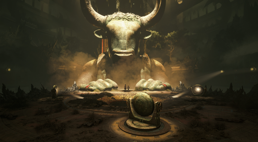 A Plague Tale Legacy screenshot of characters standing in front of a massive cow statue