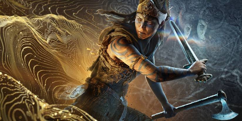 Senua carries a sword and an axe, and is flanked by golden lines.