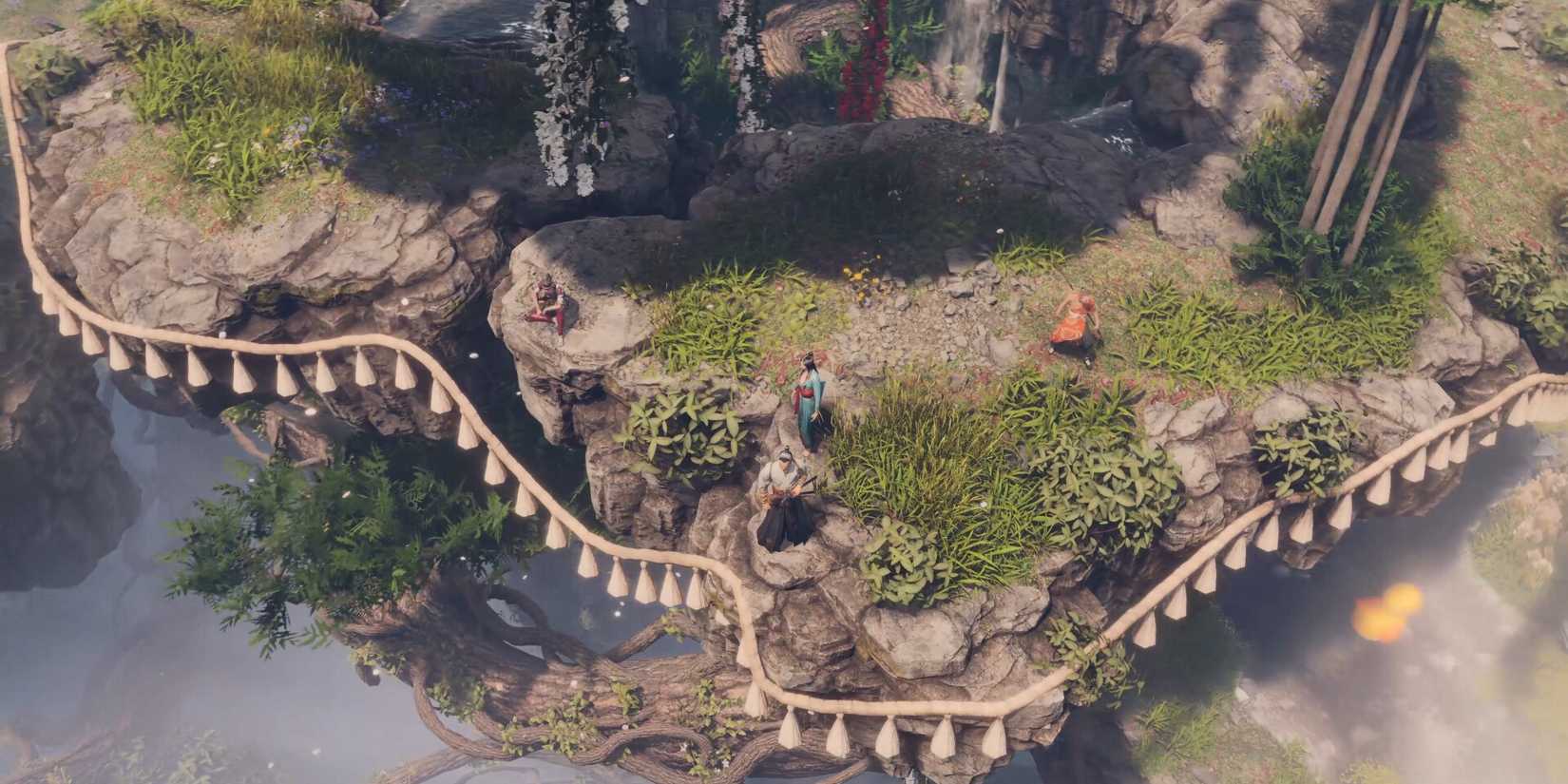Characters explore a cliffside in Shadow of the Road.