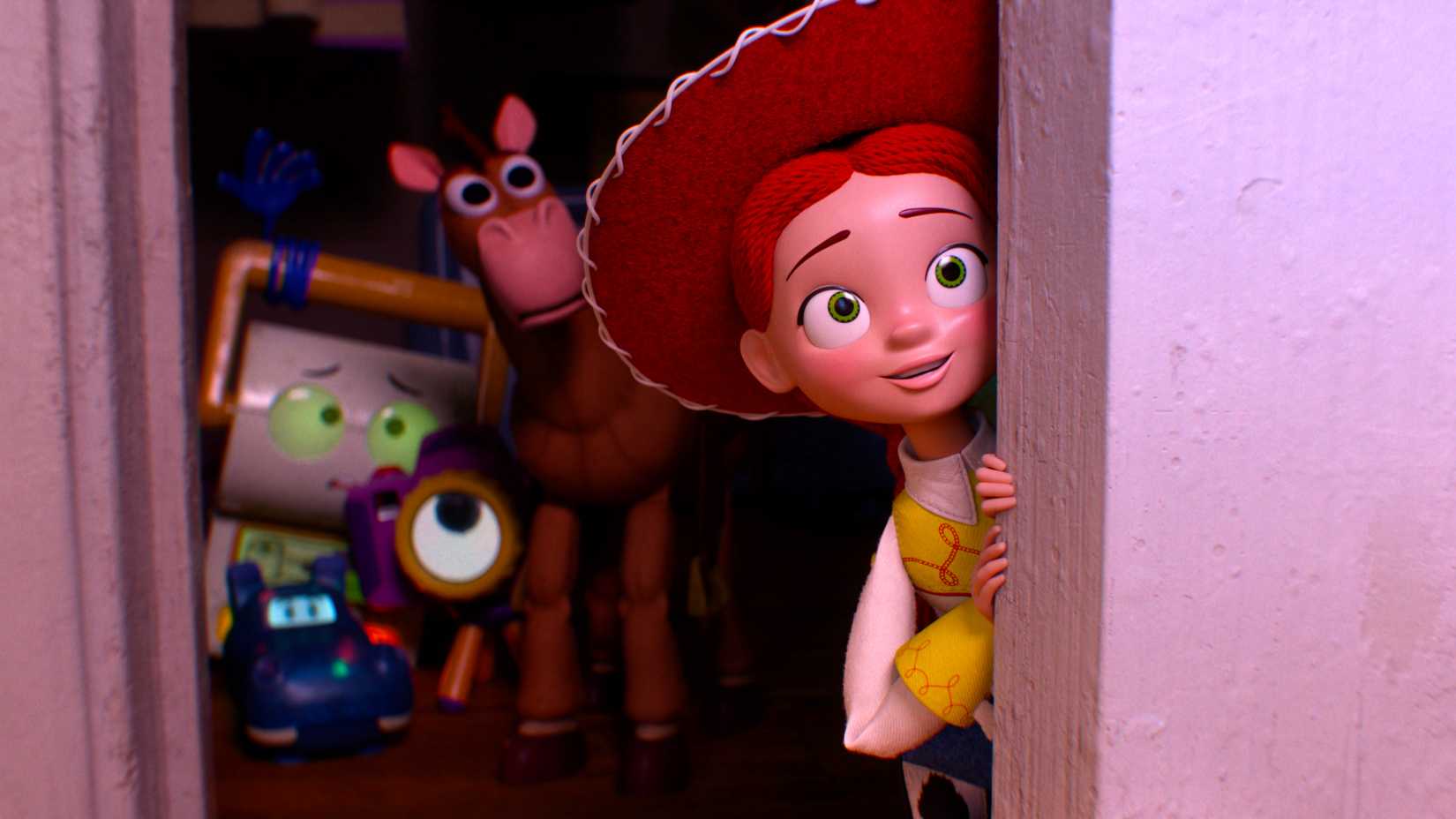 Smarty Pants, Atlas, Snappy, Bullseye, and Jessie looking curiously out of a door in Toy Story 5