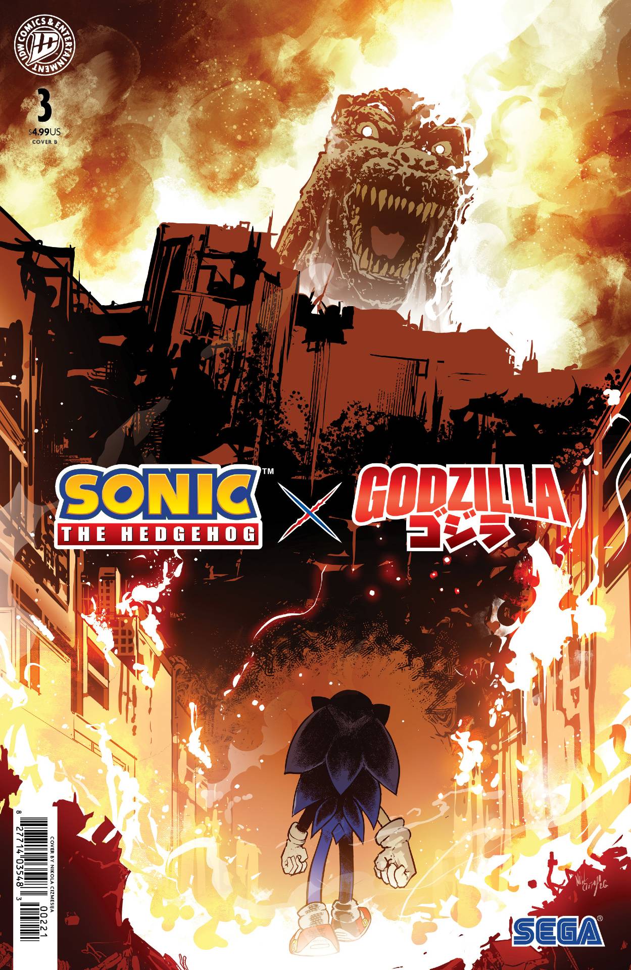 Sonic stands at ground level, his back turned and fist clenched as he walks toward a truly massive Godzilla looming behind a wall.