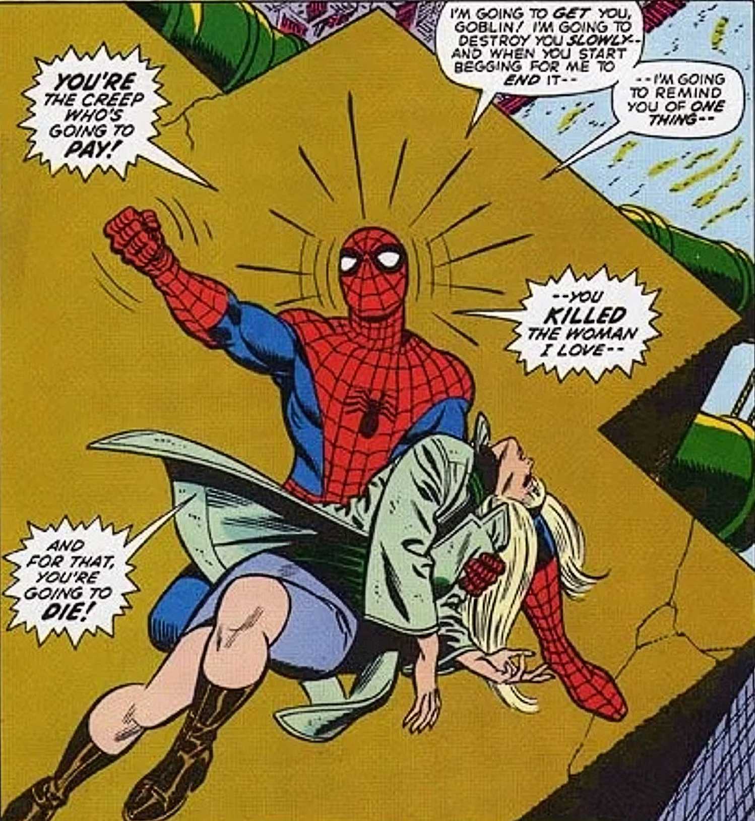 Spider-Man cradles Gwen Stacy's body and declares vengeance on Green Goblin