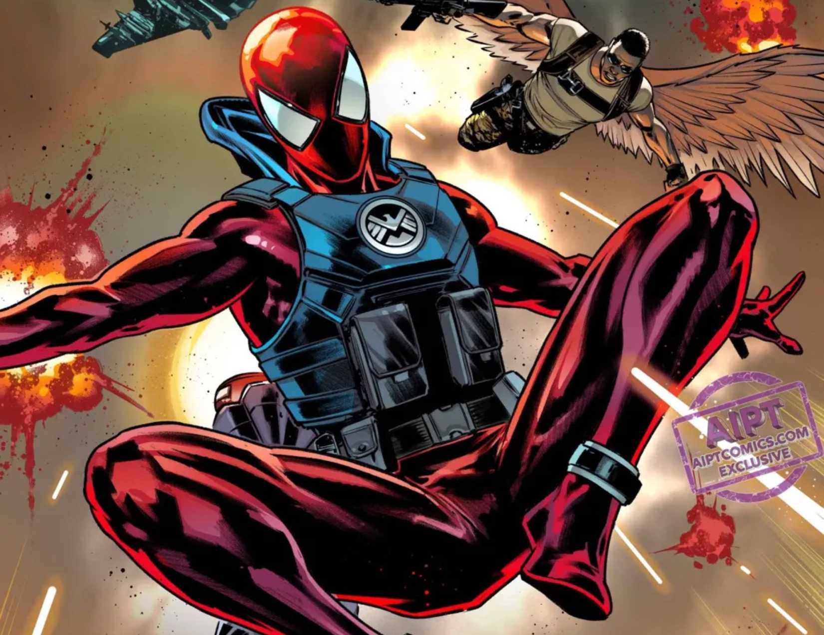 spider-man in a shield scarlet spider costume
