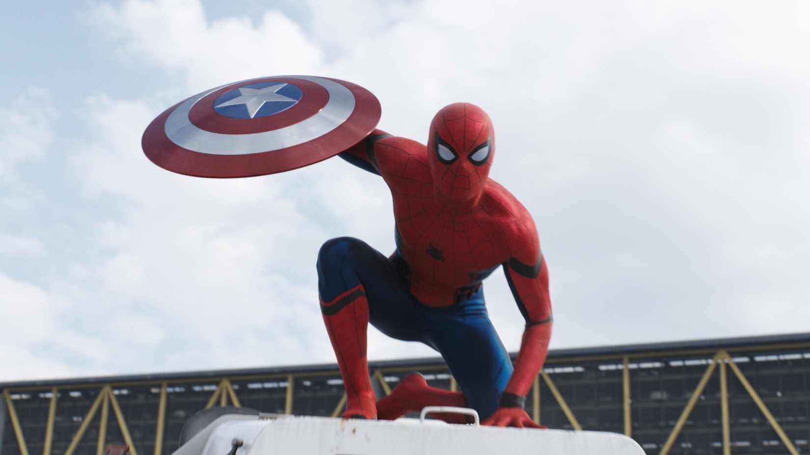 Spider-Man in Captain America Civil War with Captain America's shield