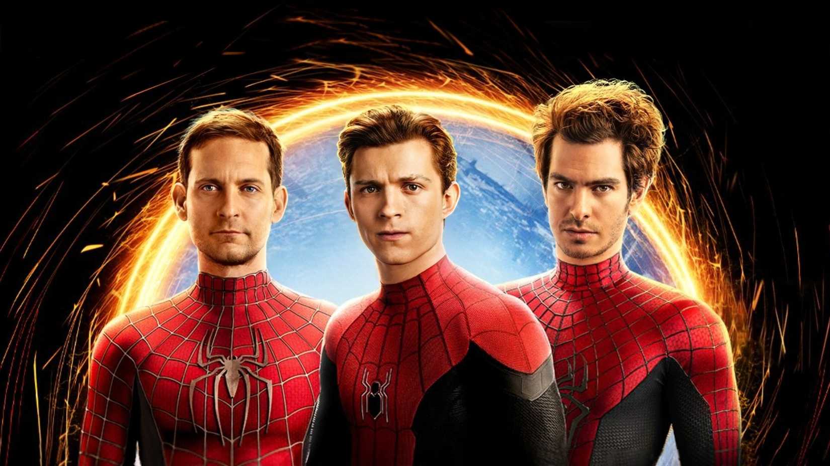 Spider-Man No Way Home promotional image featuring Tobey Maguire, Tom Holland, and Andrew Garfield