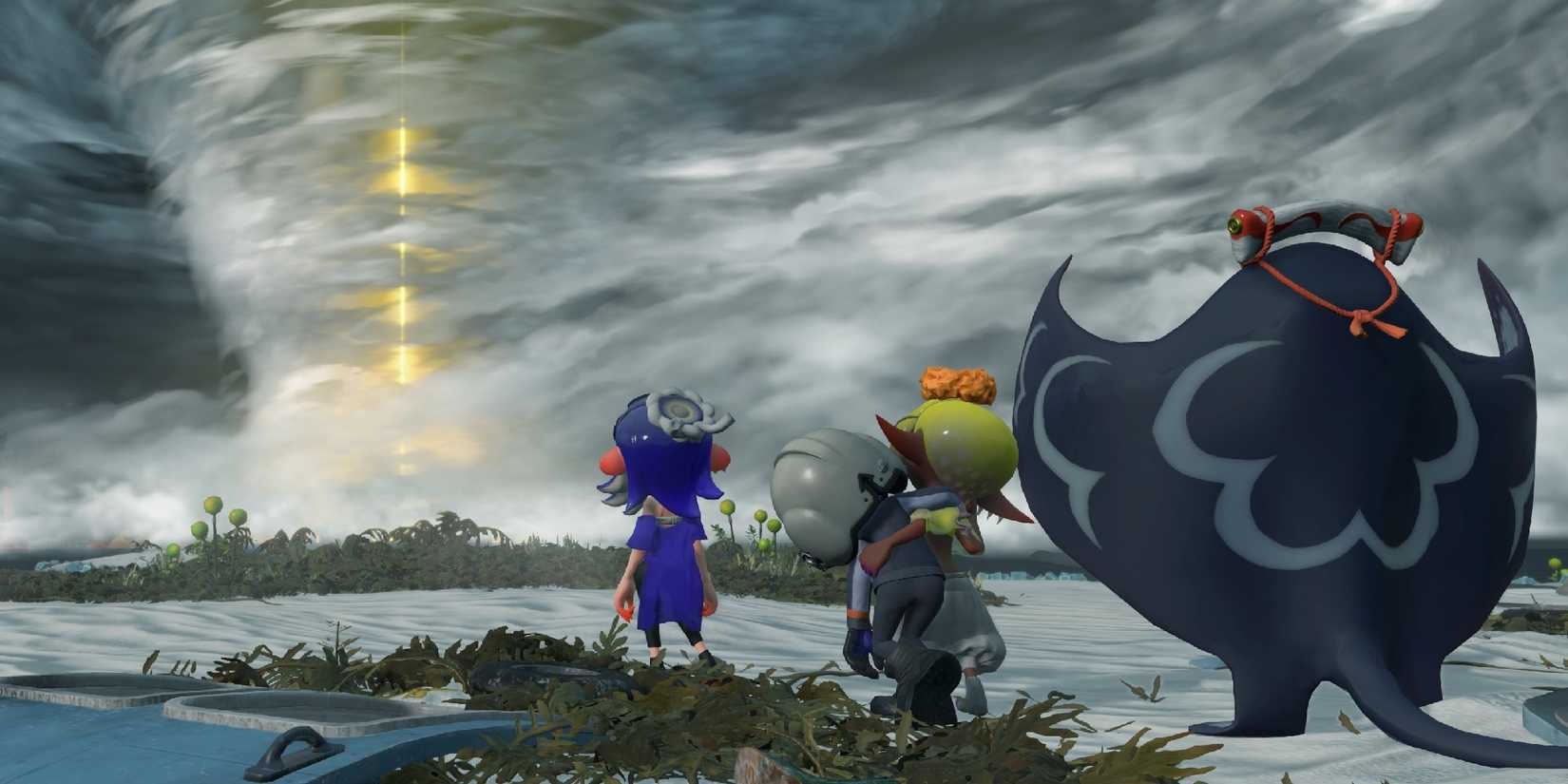 Splatoon Raiders Characters looking at a tornado in the distance
