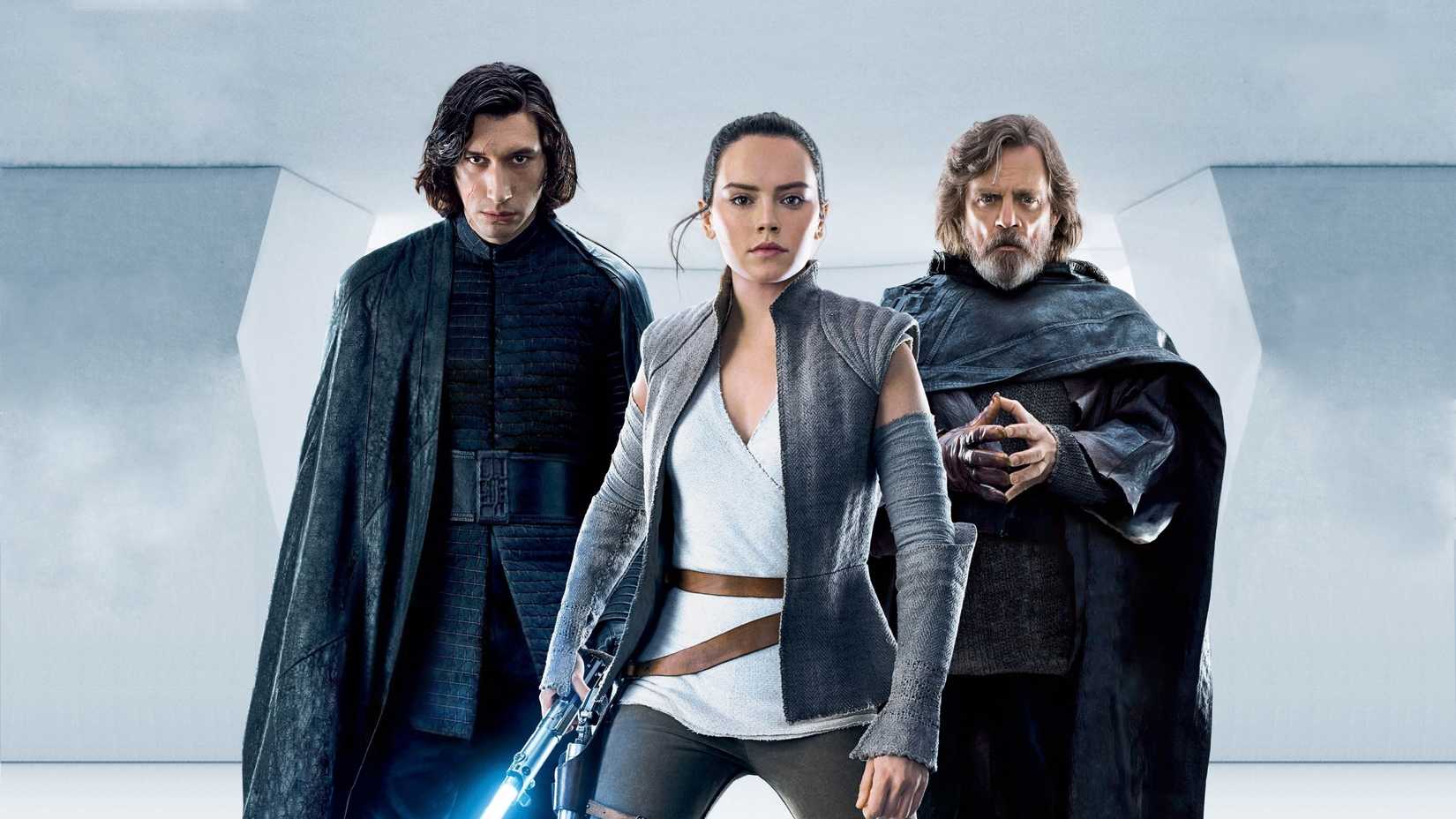 Adam Driver as Kylo Ren, Daisy Ridley as Rey, and Mark Hamill as Luke Skywalker in a promotional image for Star Wars: Episode VII - The Last Jedi