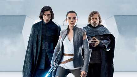 Adam Driver as Kylo Ren, Daisy Ridley as Rey, and Mark Hamill as Luke Skywalker in a promotional image for Star Wars: Episode VII - The Last Jedi