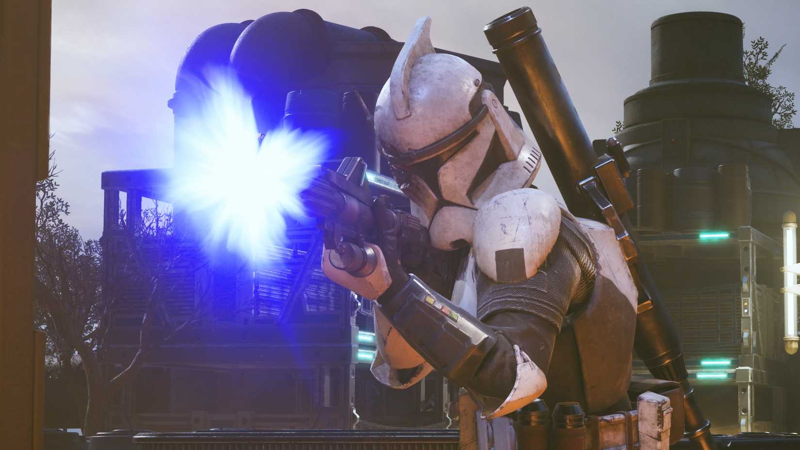 Trooper Clone יורה ברובה בלסטר בחברת Star Wars Zero.