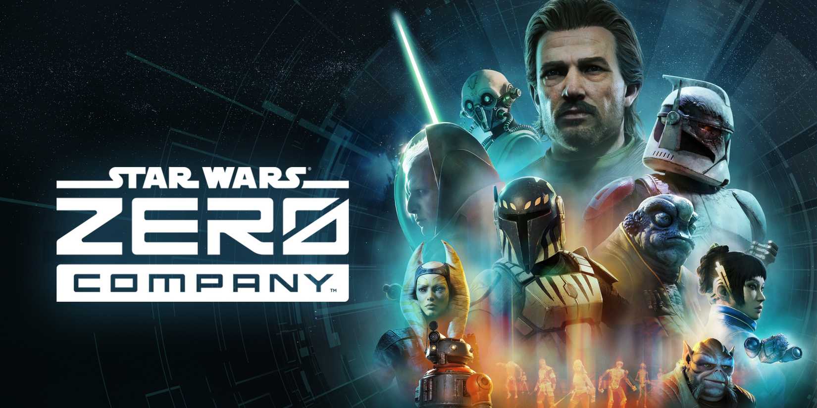 Several characters from Star Wars Zero Company are assembled in the game's key art, with the logo to the left.