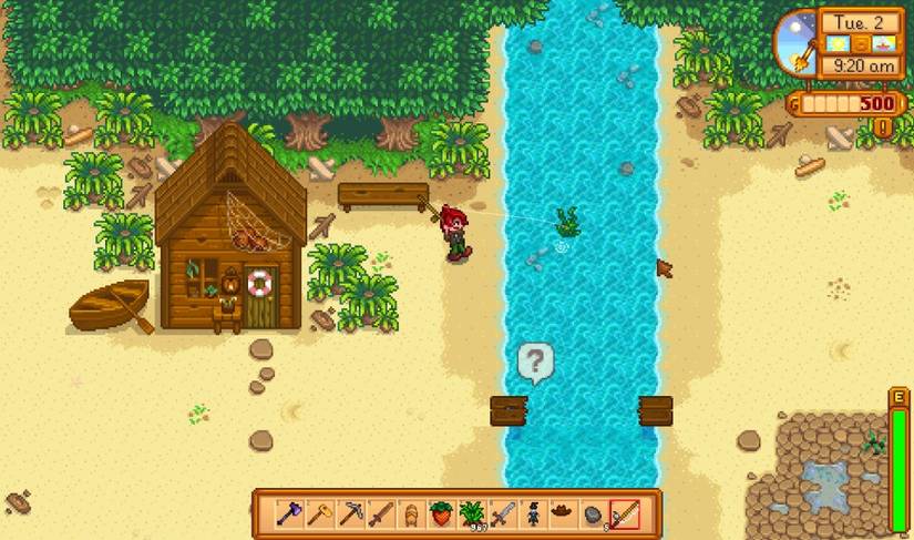 Stardew Valley character fishing on the beach
