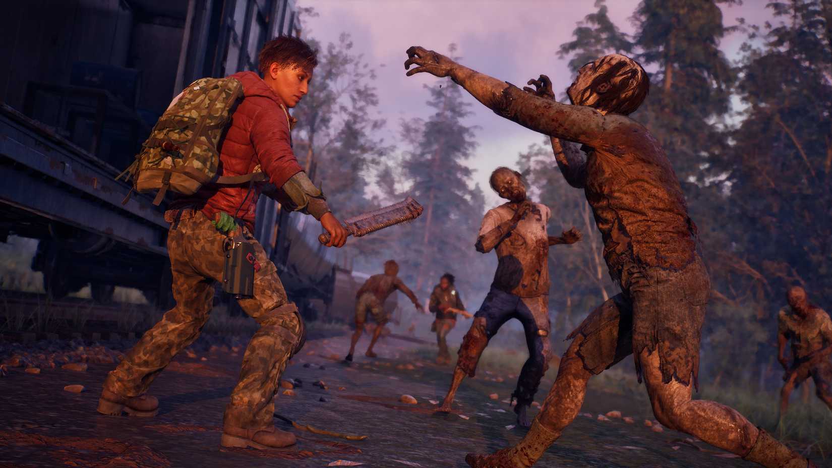 A character fighting off a group of zombies with a machete.
