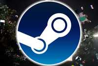 The Steam logo is superimposed over flying objects in a street in the background.