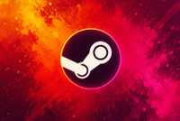 Steam logo on magenta yellow red background