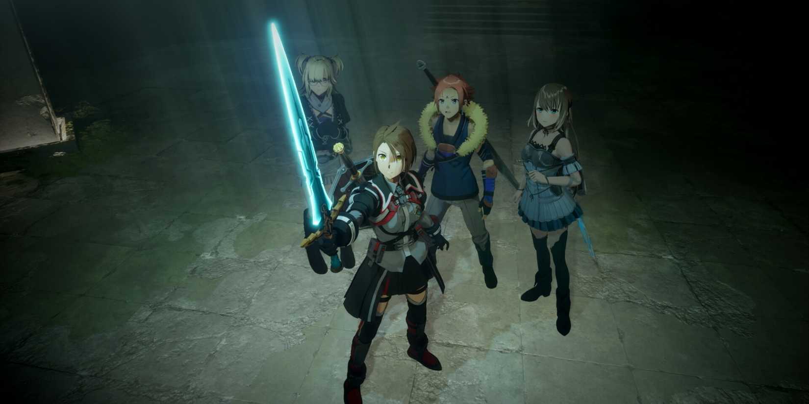 A character lifts a glowing sword as three others look amazed at it in Echoes Of Aincrad.