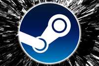 The Steam logo is superimposed over a black and white blast in the background.