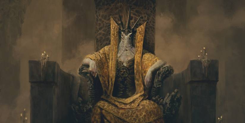 The Yellow King from Steinhardt's Guide To The Eldritch Hunt sits on a throne.
