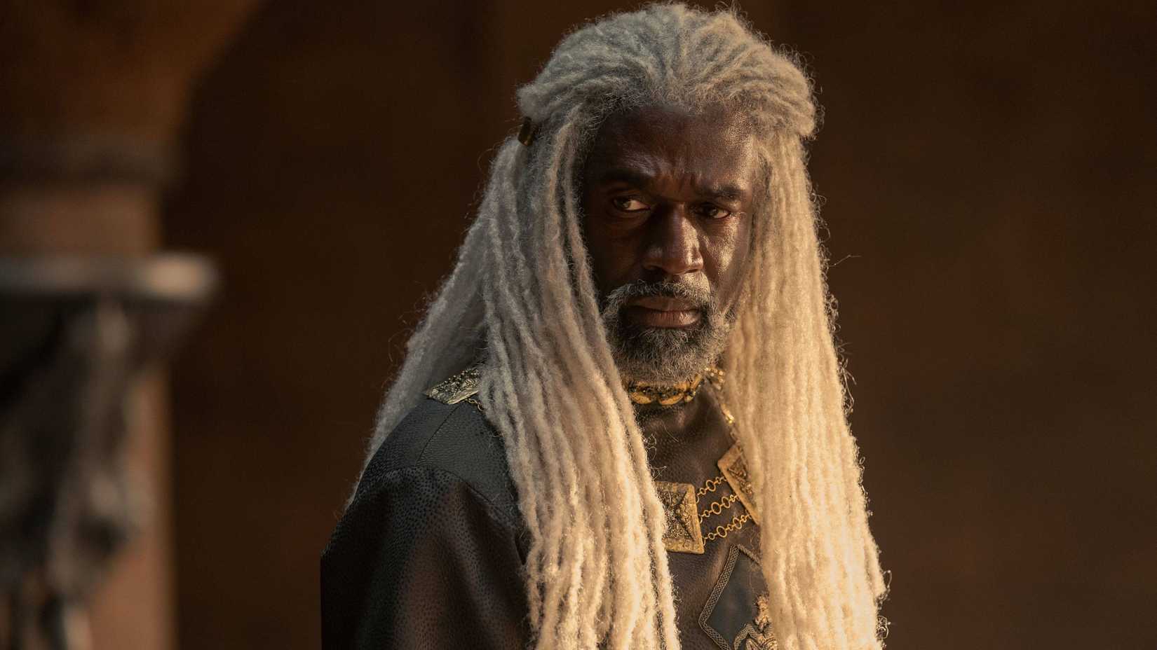 Steve Toussaint as Corlys Velaryon looking solemn in House of the Dragon season 1