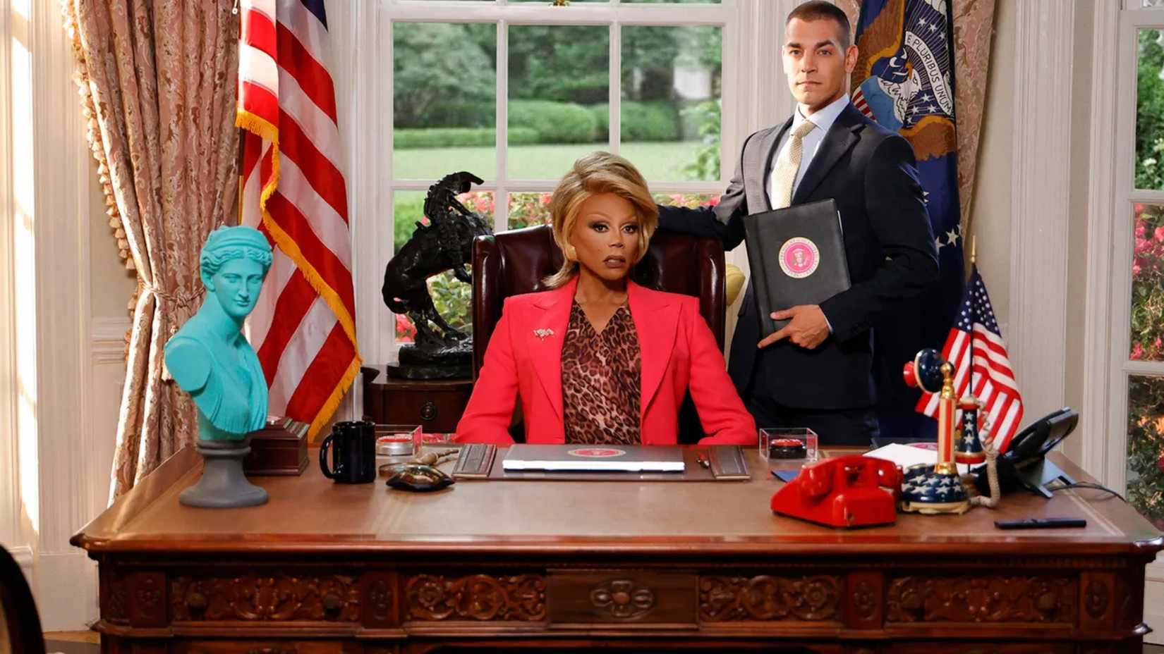 RuPaul as president in the oval office in Stop! That! Train!