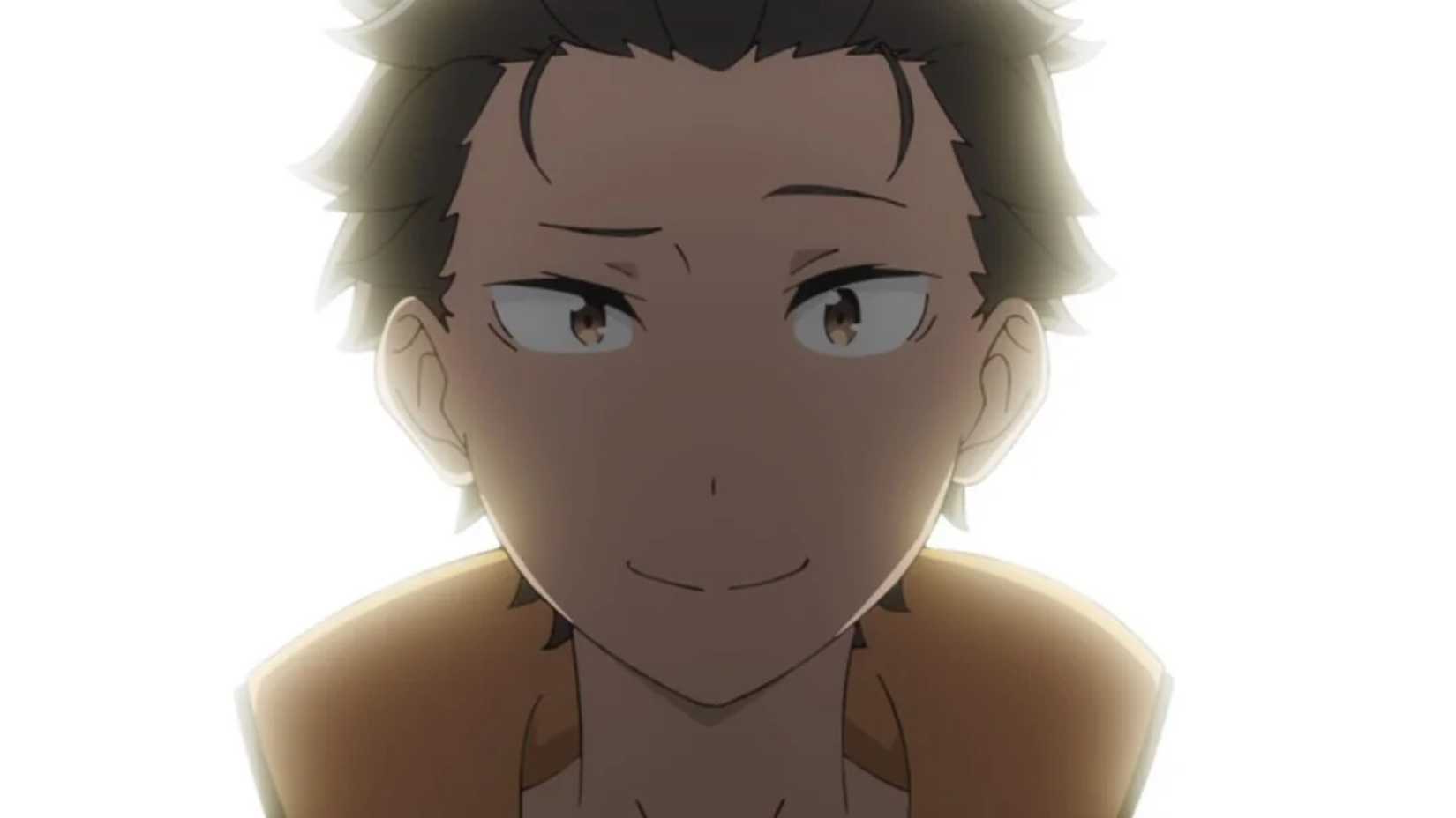 Re:Zero's Natsuki Subaru smiling in front of a shining white background.