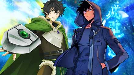 Sung Jinwoo from Solo Leveling Next to Naofumi Iwatani from The Rising of the Shield Hero in front of background of The Exiled Heavy Knight
