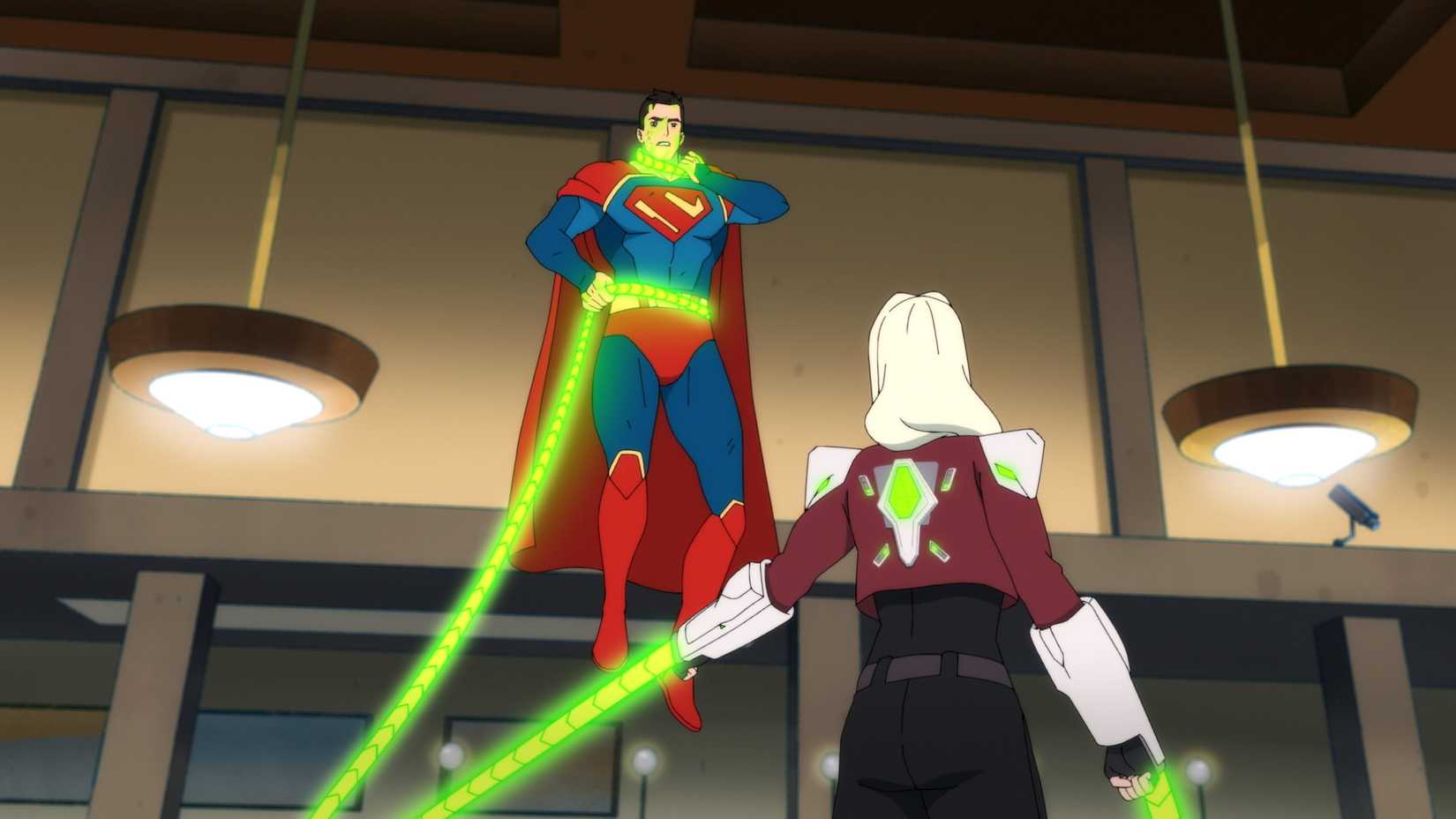 Superman held by kryptonite whips from a villain in My Adventures with Superman season 3