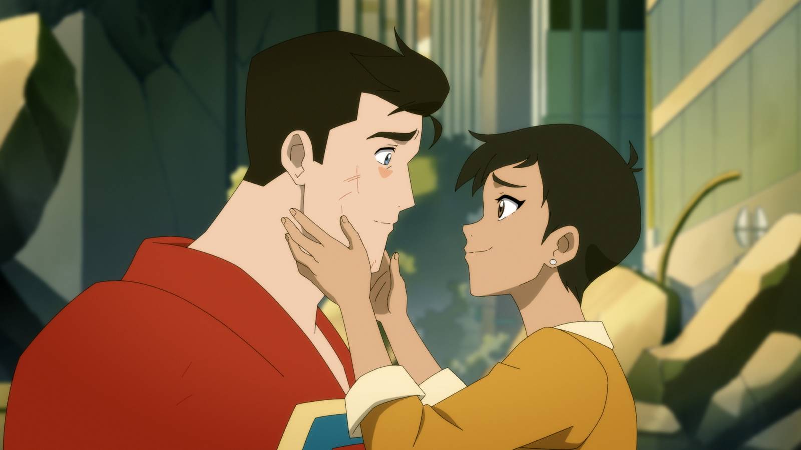 Lois Lane holding a bruised Superman's face in My Adventures with Superman season 3