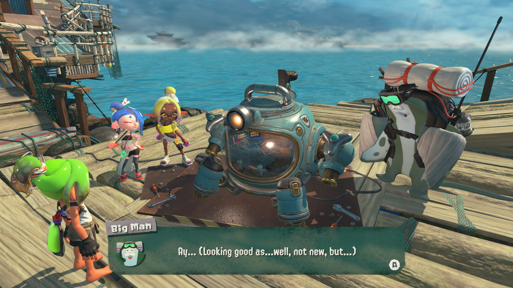 Splatoon Raiders characters discuss a mech on their floating home base