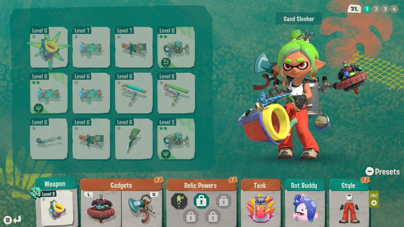 Splatoon Raiders inventory menu with many weapons to choose