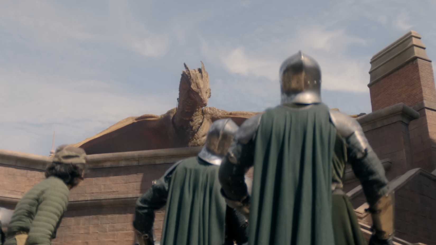 Syrax above Hightower guards in King's Landing in House of the Dragon season 3