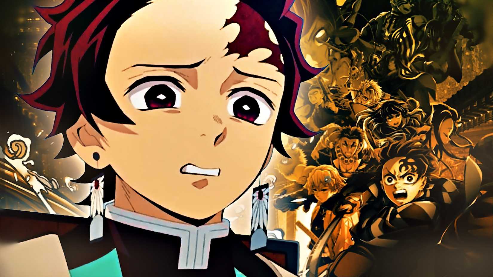 Tanjiro making a disgusted face with the Demon Slayer Infinity Castle cast behind.