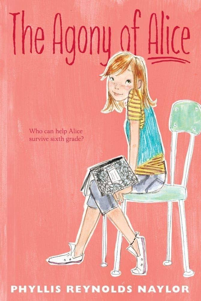 The Agony of Alice book cover, illustration of a girl sitting with a composition notebook