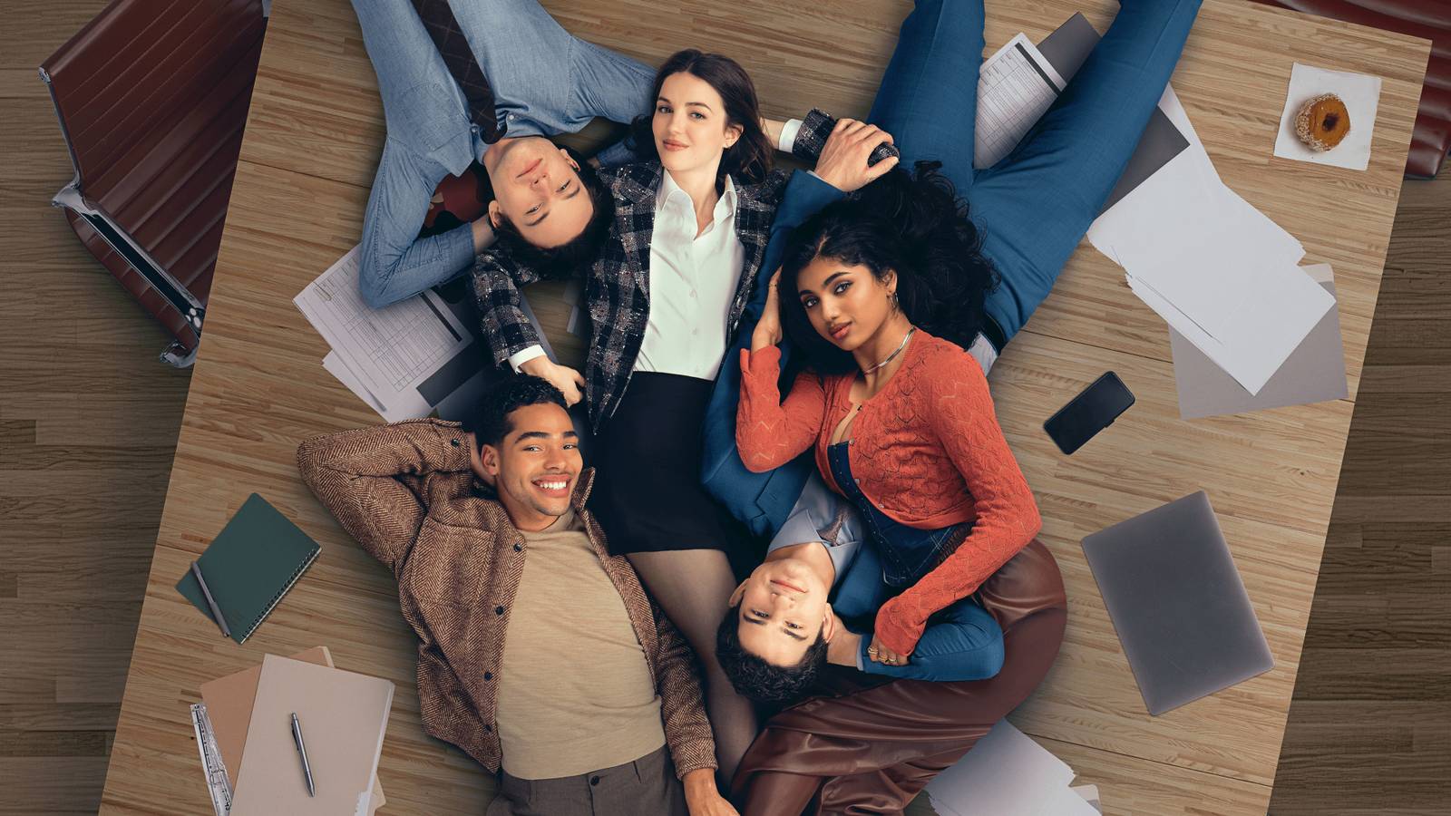 The cast of Not Suitable for Work in a promo photo for the Hulu show