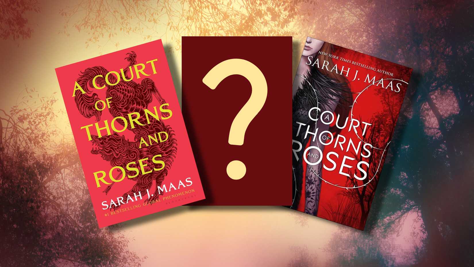 The covers of A Court of Thorns and Roses is on each side of a red mystery book