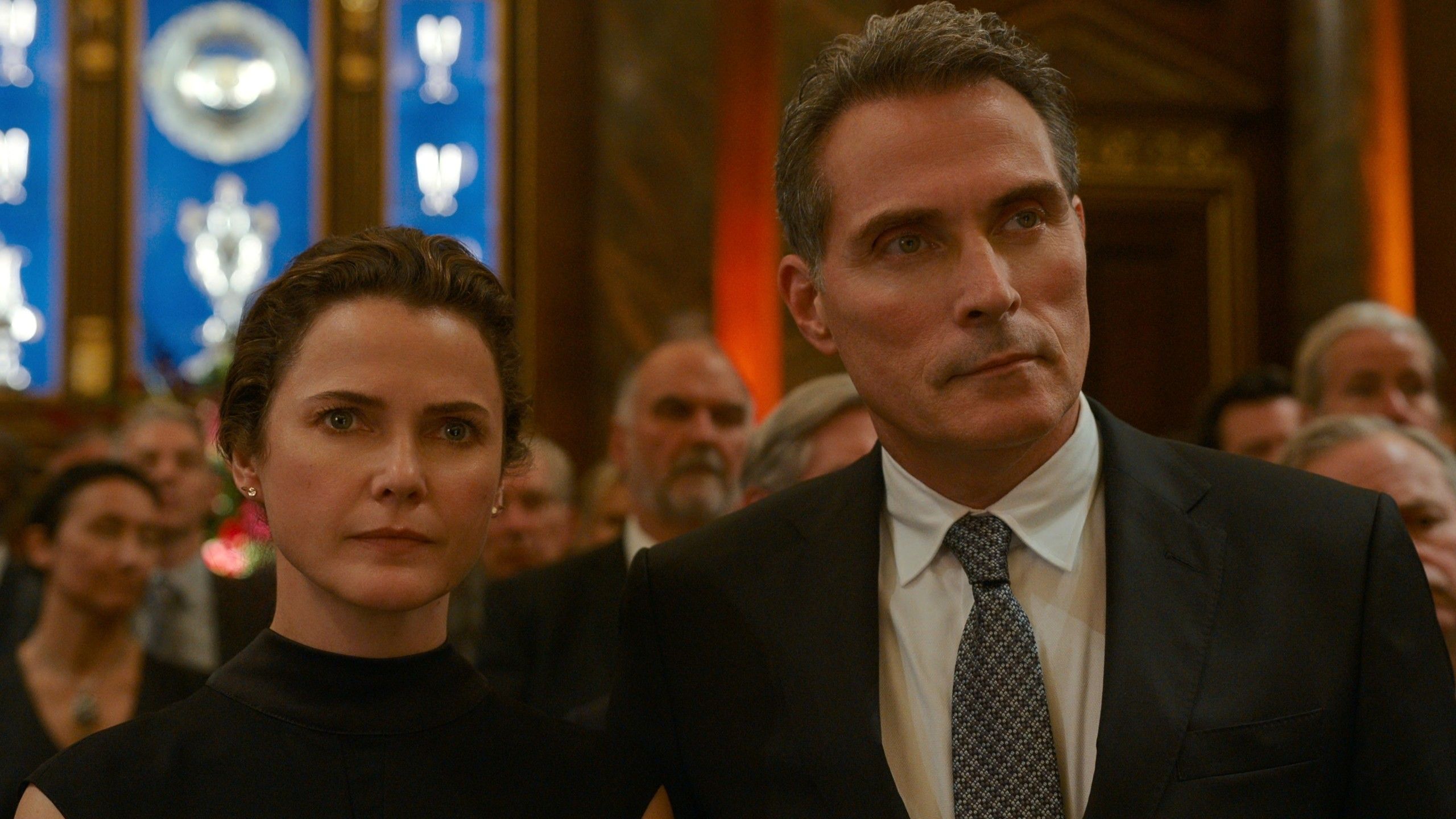 Keri Russell as Ambassador Kate Wyler and Rufus Sewell as Hal Wyler in The Diplomat