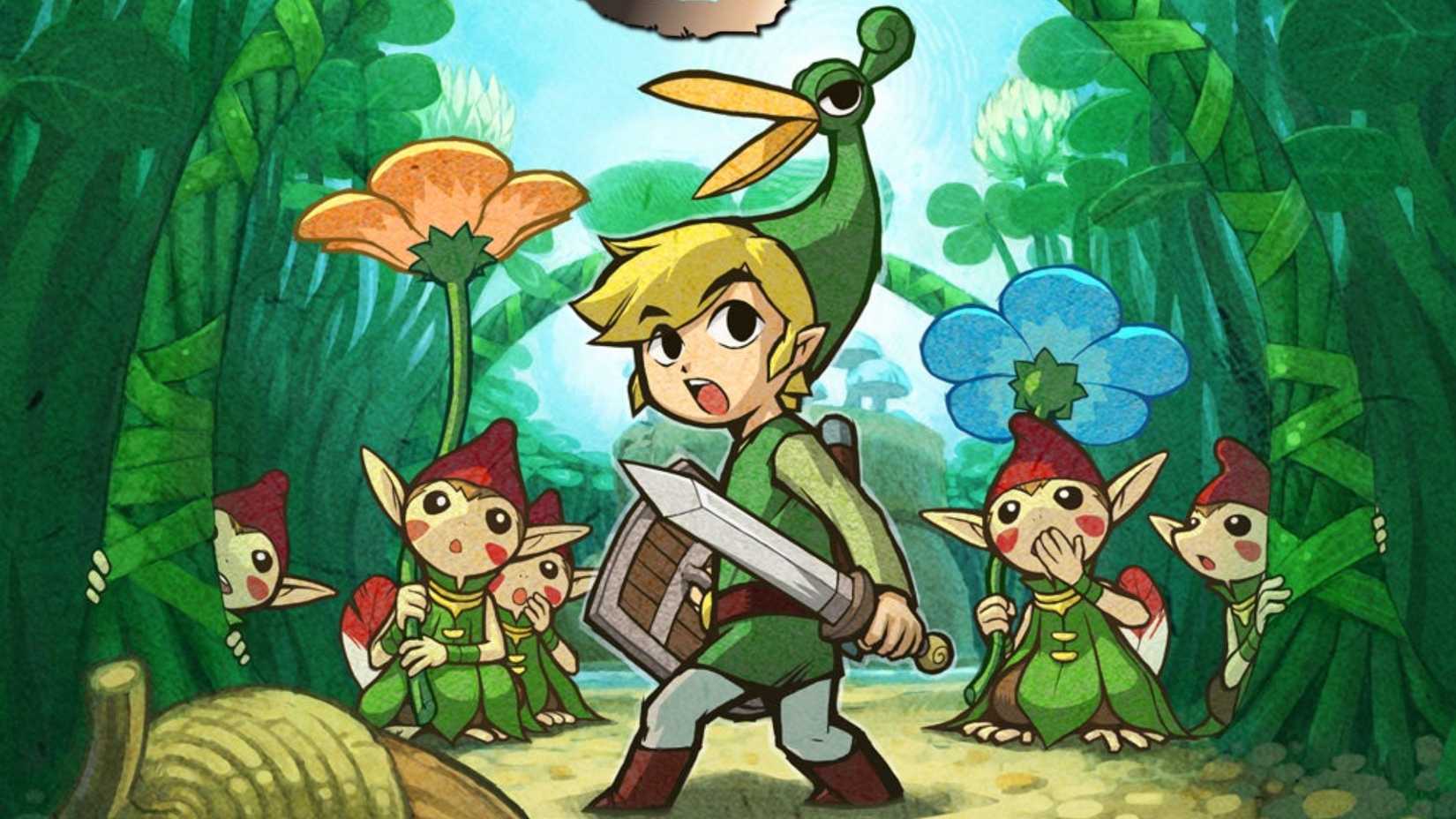 Link surrounded by forest creatures in The Legend of Zelda Minish Cap key art.